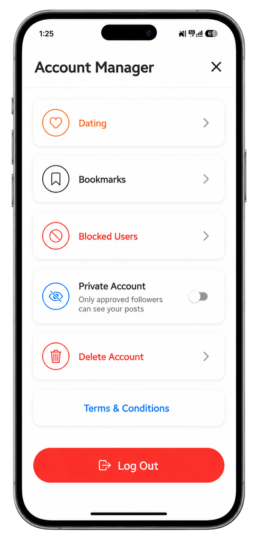 AffirmSpace privacy settings screen showing visibility and blocking controls