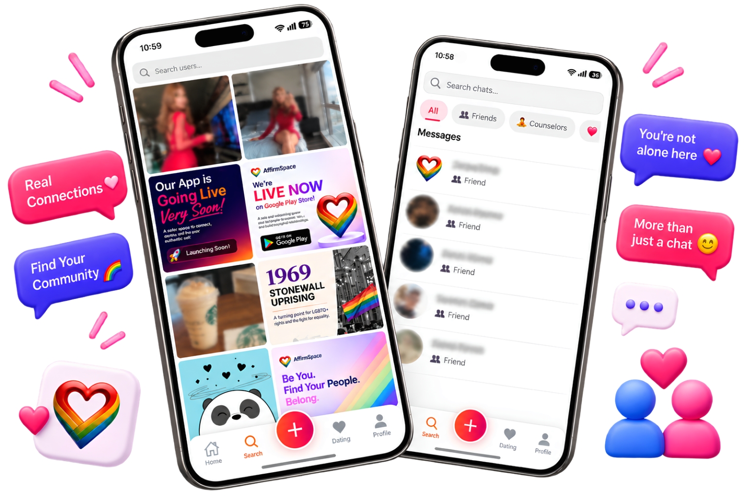 AffirmSpace app home screen showing dating, chat, and community options