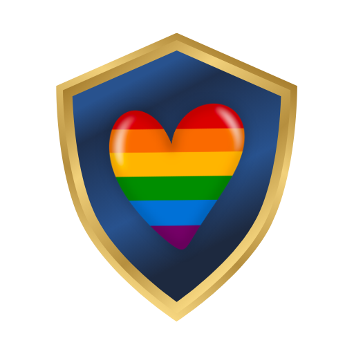 Shield with rainbow heart representing a safe LGBTQ+ dating space.